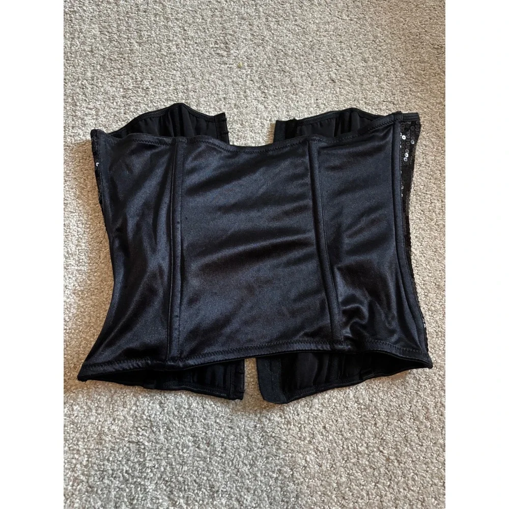 Vintage Black Sequin Corset Top Y2K L Sparkly Boned Bustier Hook Eye Night Out